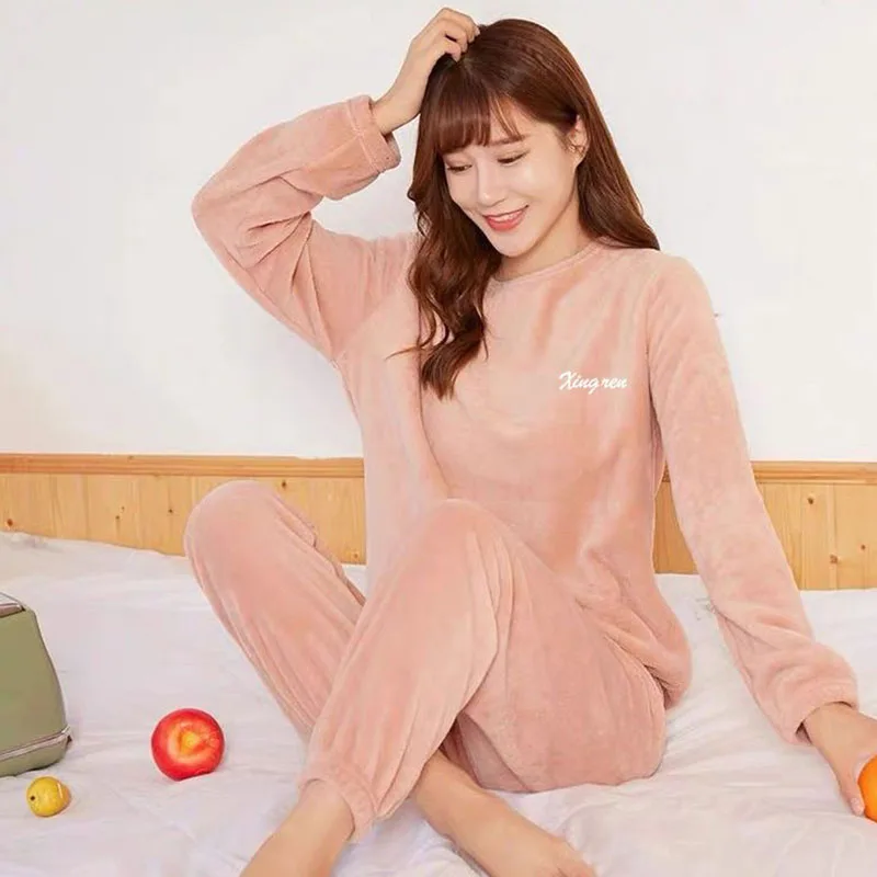 Autumn and winter thickened pajamas set coral fleece casual can be worn outside the home clothes pijama