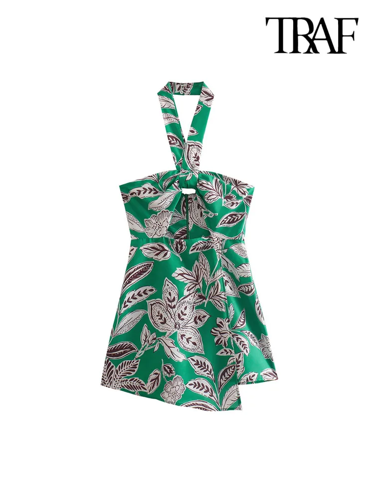 

TRAF Women Fashion With Cut-Out Front Knot Printed Playsuits Vintage Backless Zipper Wide Straps Female Jumpsuits Mujer