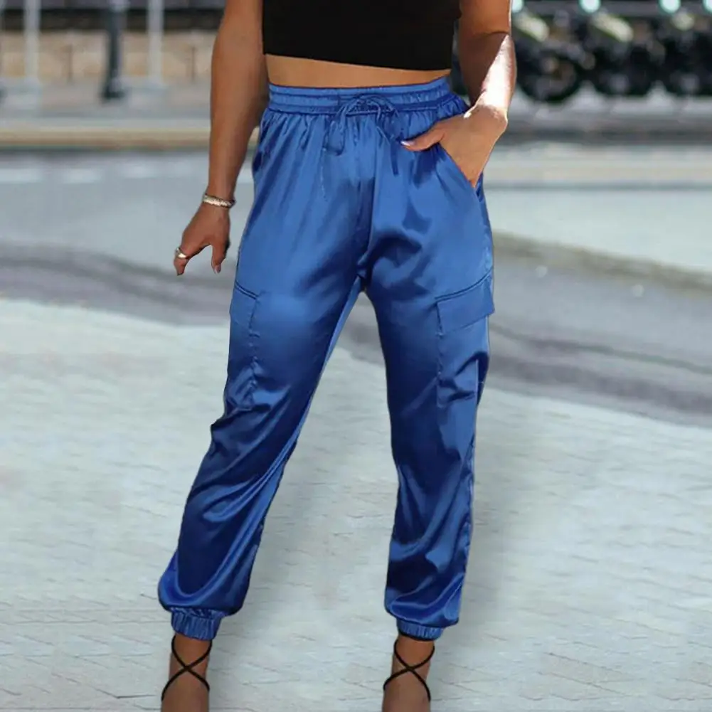 

Women Casual Shrinkable Cuffs Satin Long Pants High Waist Elastic Women Satin Trousers Solid Color Multi Pockets Sport Pants