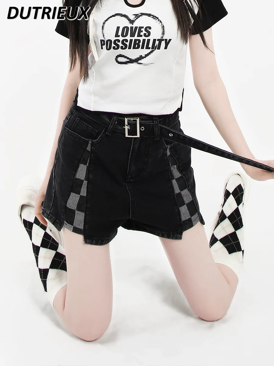 

High Street Style Stitching Plaid Belt High Waist Short Pants 2023 New Summer Cotton Denim Shorts Irregular Women's Shorts