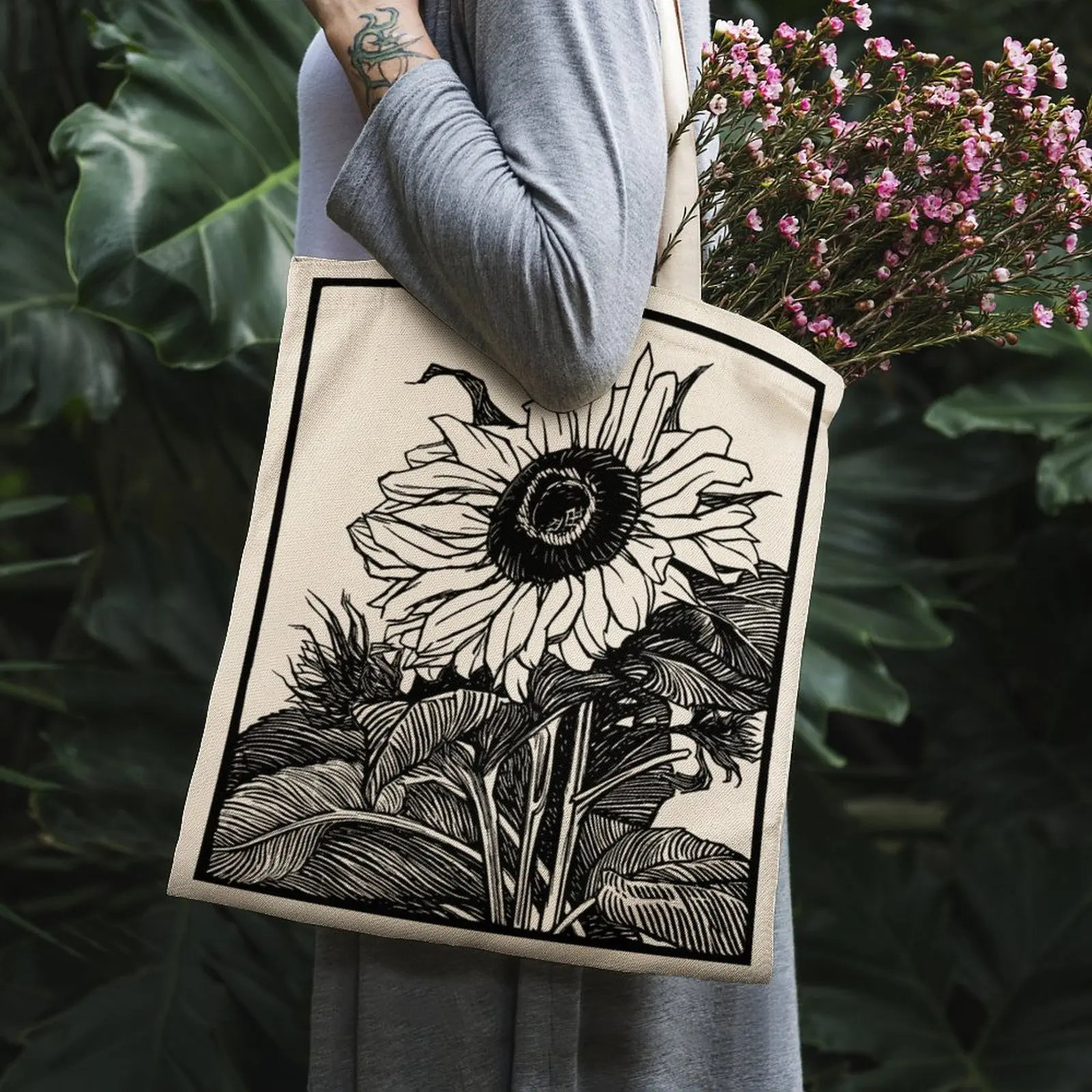 

Women Big Canvas Shoulder Bag Black Art Sunflower Print Reusable Large Shopping Bag Ladies Tote Girl Daily Book Cloth Handbag