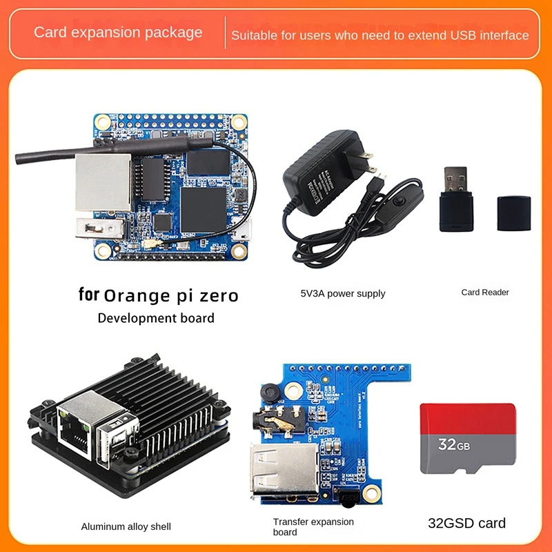 

Для OrangePi Zero Allwinner H3 512 МБ ОЗУ + чехол + карта расширения + питание + SD-карта 32 ГБ + кардридер набор макетной платы, штепсельная вилка стандарта США