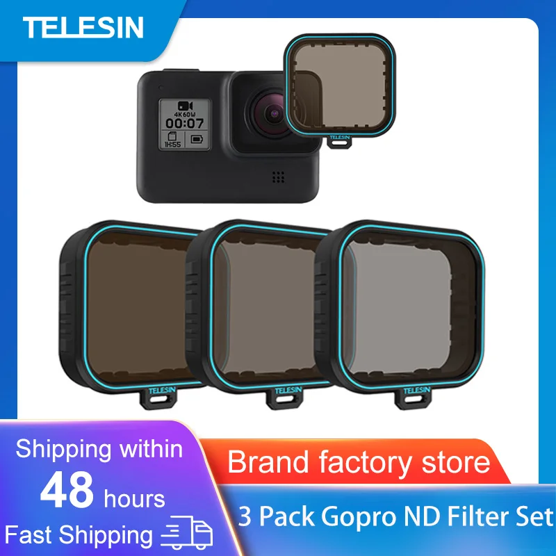 TELESIN-Juego de filtros ND para Gopro, Protector de lentes ND4, ND8, ND16, filtro de densidad neutra para Gopro HERO 7, 6, 5, Accesorios Negros, 3 paquetes