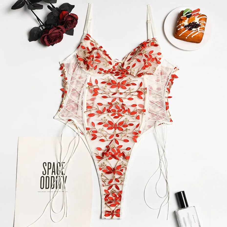 JSY Sexy Bodysuit Lace Lingerie Embroidery Women's Underwear Transparent Teddy Erotic Catsuit Bodysuit Lingerie Porno Costumes