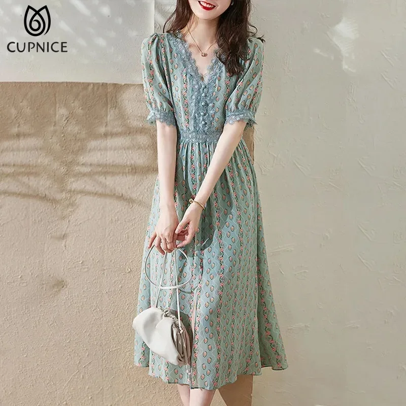

CUPNICE Chiffon Print Lace Korea Style Midi Dress Causal V-neck Puff Sleeve Tunic Fashion Dresses Summer Vestidos for Women 2022
