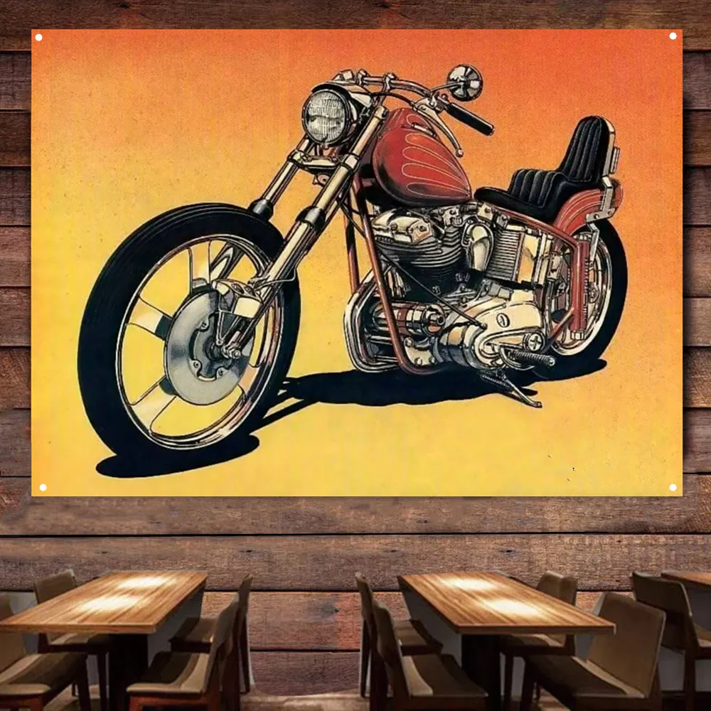 

Old style Motorcycle Flag Banner Mural Retro Wall Decor Poster Car Painting For Garage Man Cave Bar Club Pub Gift for Cyclists