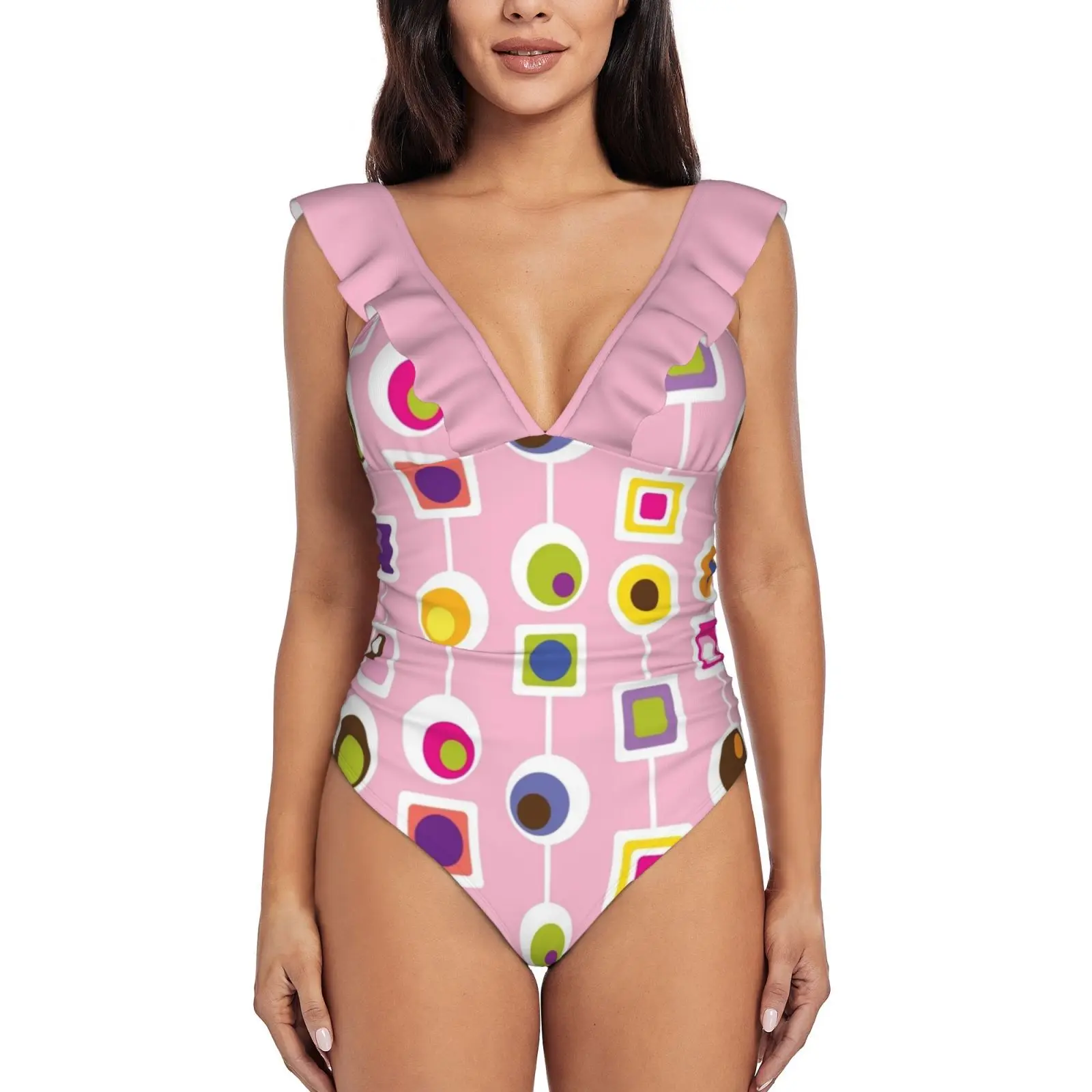 

Мод Love-Pink Монокини, новый слитный купальник с оборками, Женский сексуальный купальник, женский купальный костюм с принтом, разноцветный куп...