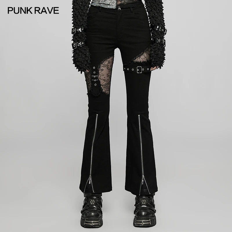 PUNK RAVE Women's Gothic Elastic Flare Pants Punk Daily Splicing Elastic Lace Playful Casual Black Trousers Streetwear Women