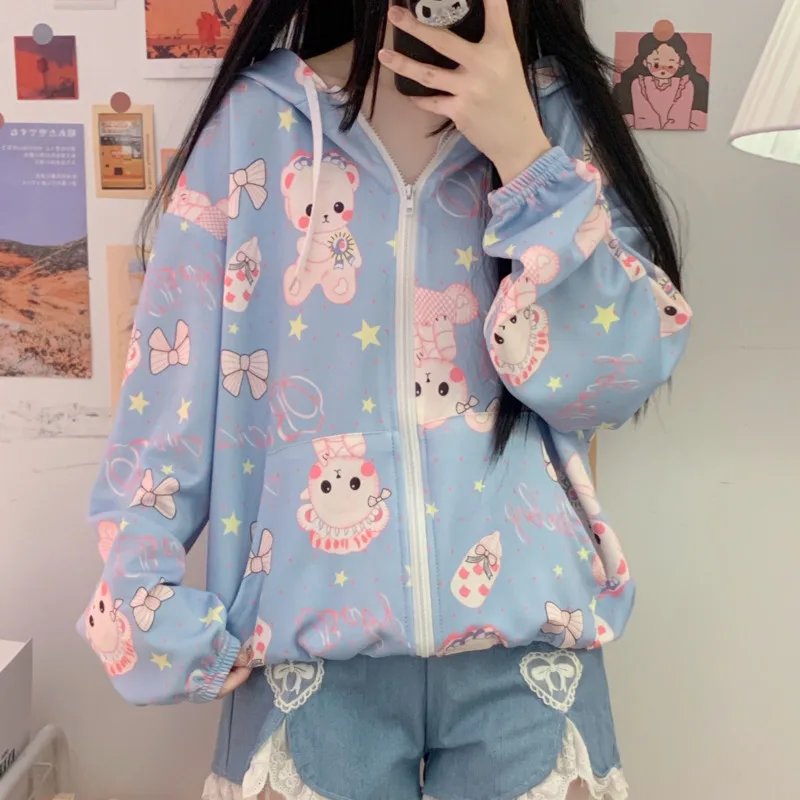 

2021 Autumn Harajuku Kawaii Zip Up Hoodies Teens Girls Cute Cartoon Bear Printed Hooded Sweatshirt Casual Loose Fashion Outwear