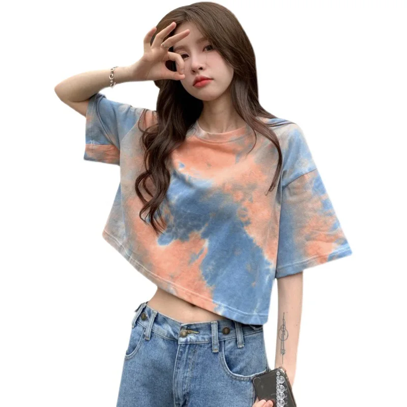 

Cotton tie dyed short sleeved t-shirt for women's summer 2023 new design sense niche exposed navel short ins spicy girl top
