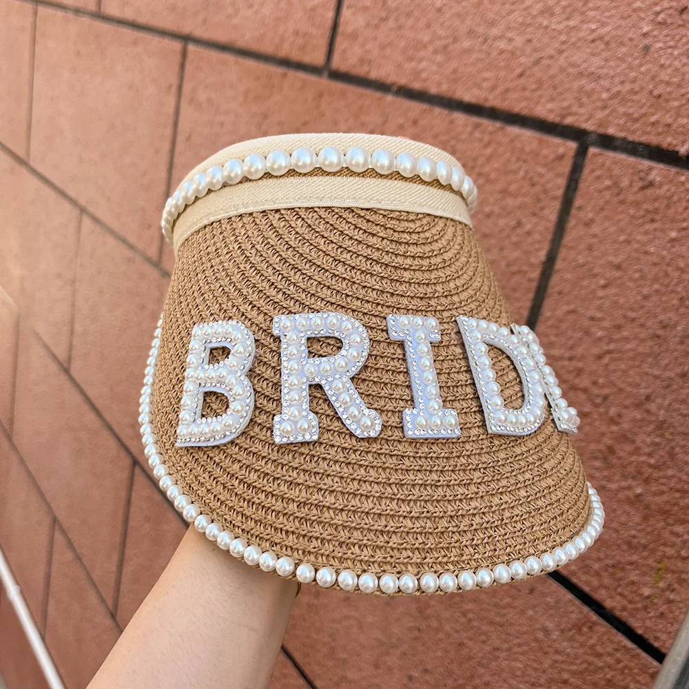 

1pc Khaki BRIDE Sun Shading Sunscreen Straw Hat Summer Beach Party Hollowed Out Sunhat Bridal Shower Favor Gift Wedding Supplies