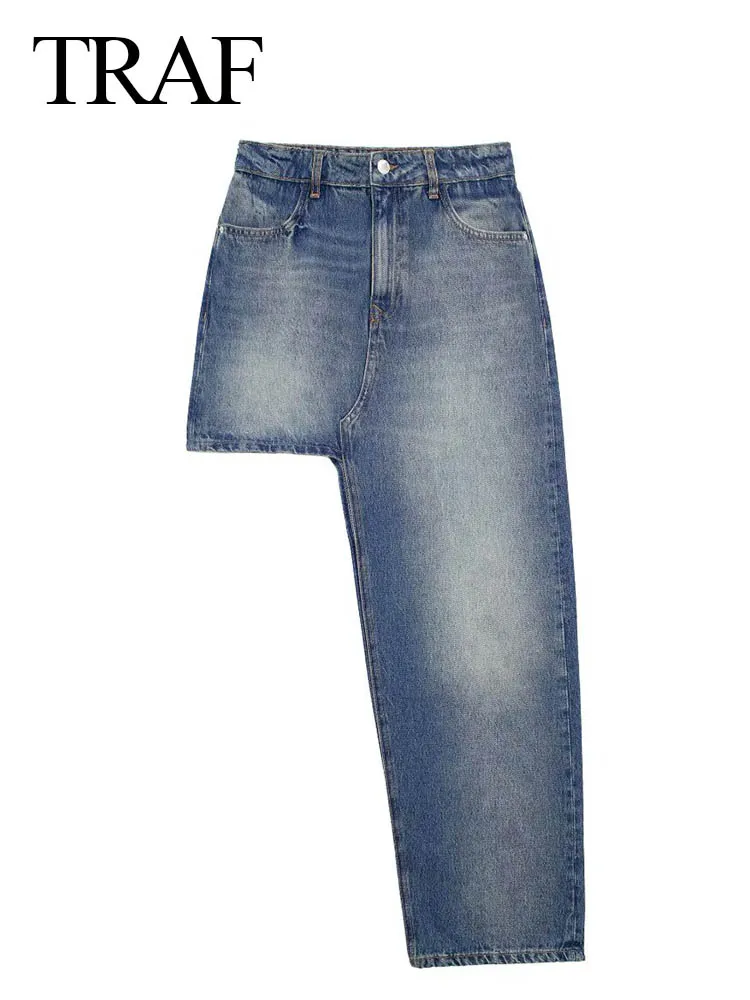 

TRAF Women's Summer Fashion Asymmetrical Denim Mid Length Skirt Retro High Belt Pocket Zipper Fly Women's Hot Street Skirt