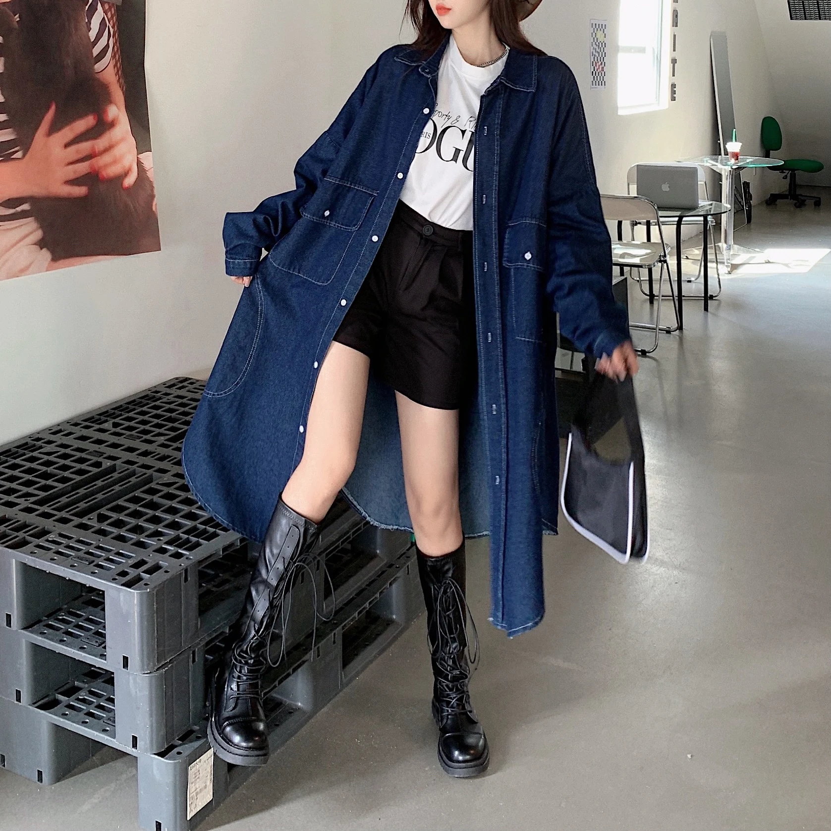 

SuperAen 2022 Spring/Autumn Loose Denim Jacket Women's Long Knee-length Oversized Split Retro Full Trench Coat