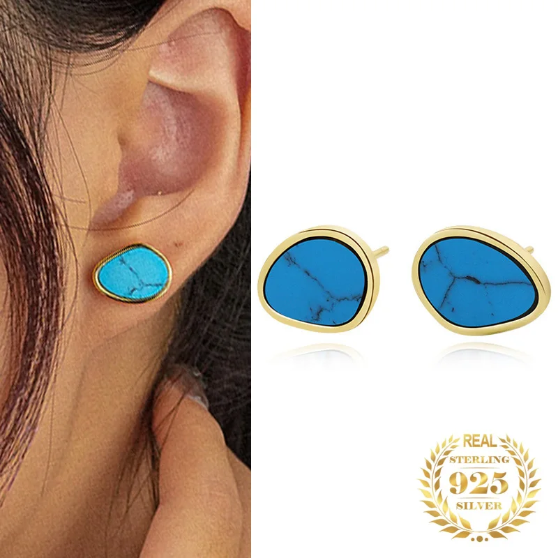 

Geometric Women Fashion Turquoise Series Earrings 925 Sterling Silver Gold Plated Stud Earrings Women Abalone Shell Jewelry