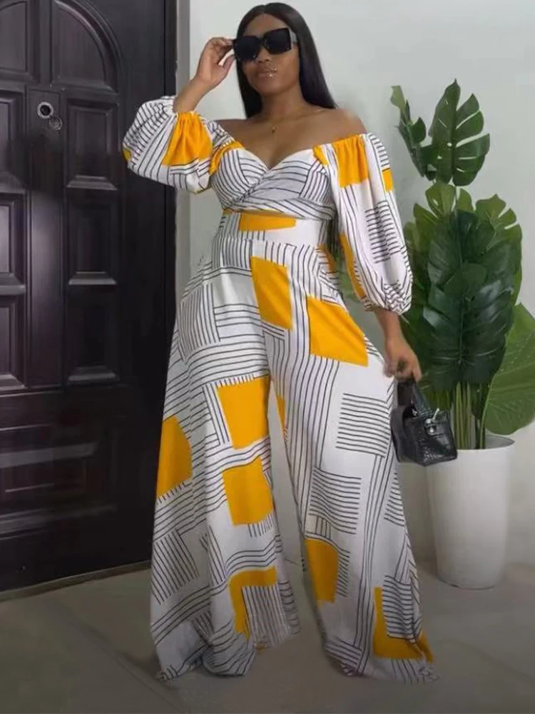 

Geometric Pattern Two Piece Lounge Sets Women Vintage Slash Neck Long Sleeve Crop Top and Empire Waist Wide Leg Pants Streetwear