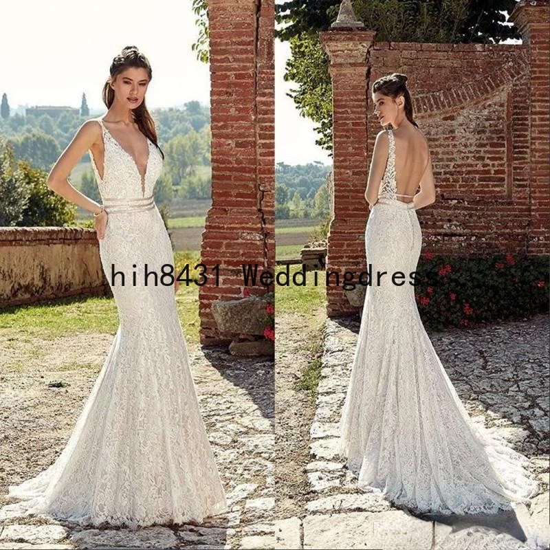 

Wedding Dresses with Sash V Neck Lace Sexy Backless Sweep Train Mermaid Bridal Dress Gorgeous Country Wedding Gowns Custom