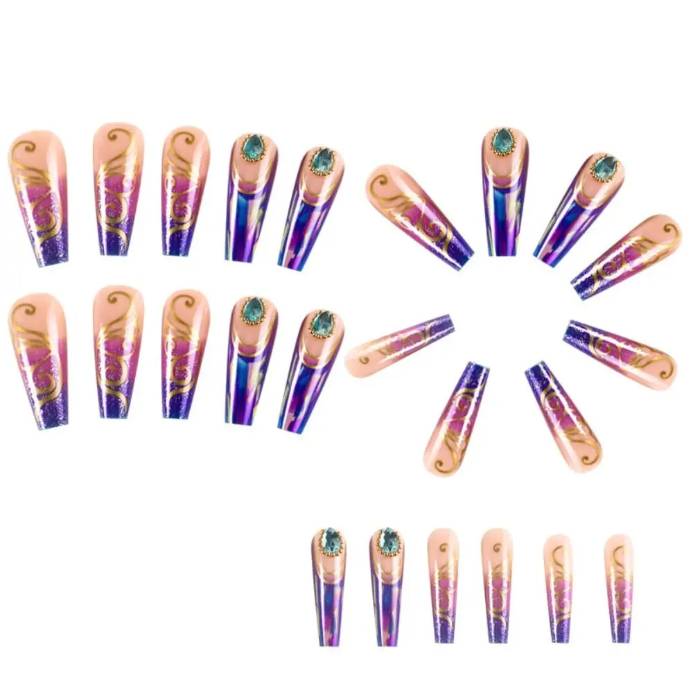 Длинные накладные ногти балерины модные французские фиолетовые бабочки с полным