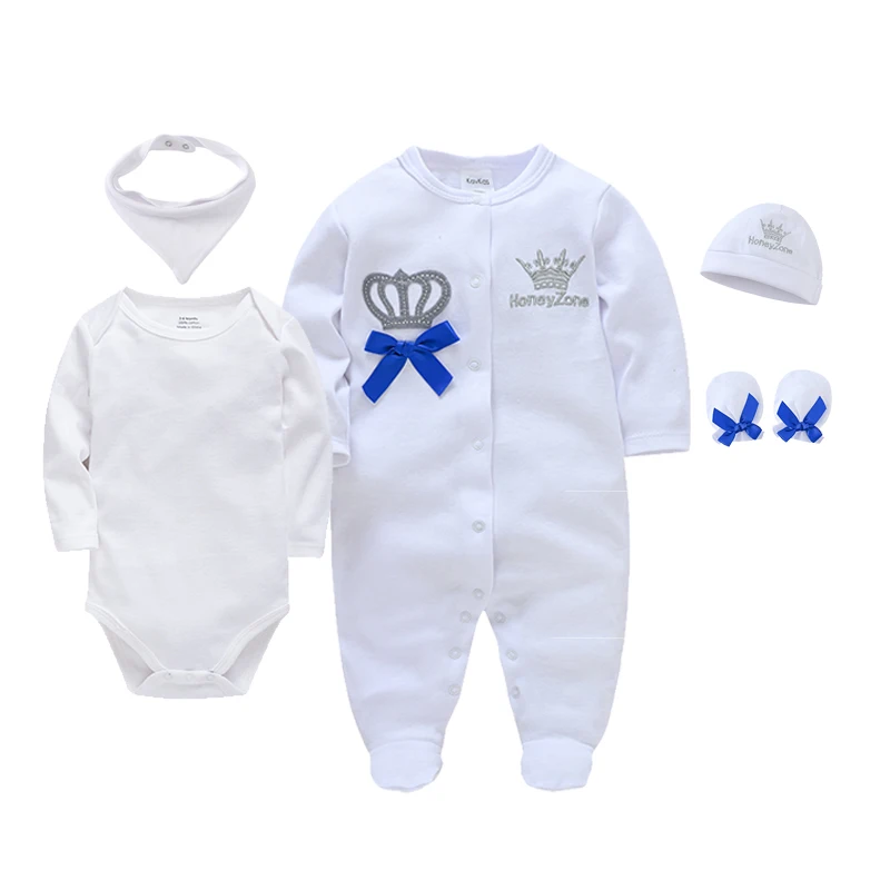 

Newnborn 5 PCS Baby Clothes Boys White Romper 100% Cotton Girls Bodysuit Romper Hat Mittens Bib Gift Set For 0~9 Months