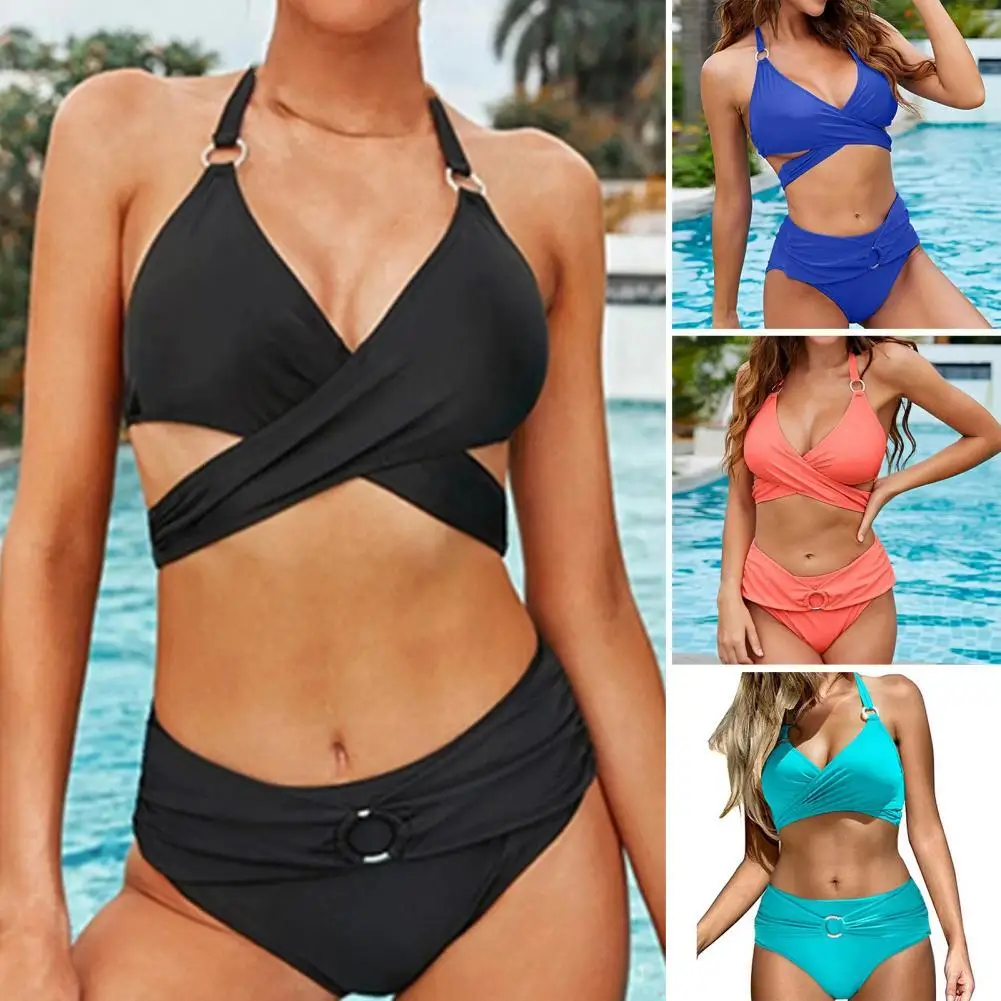 

Women Bikini Set Solid Color Halter Neck Hollow Out Lightweight Bating Suit for Swimwear