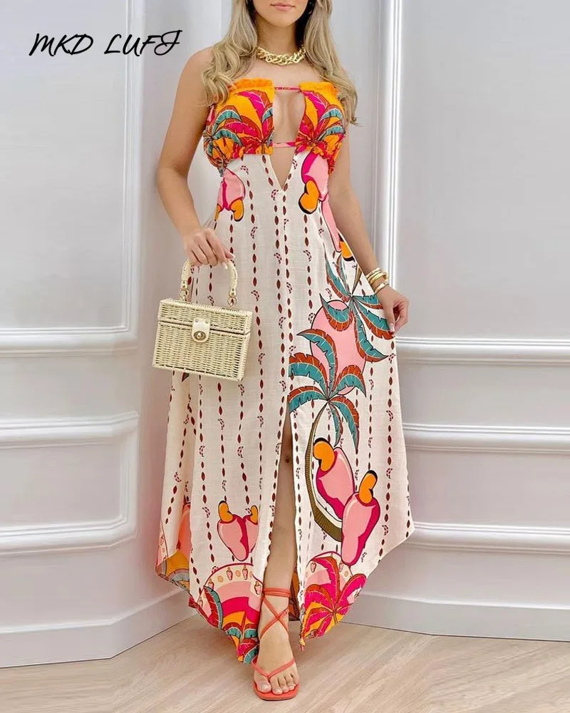 

MKDLUFI Tropical Print Tied Detail Bandeau Maxi Dress