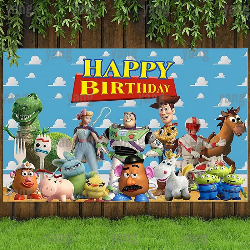 

Disney Cartoon Toy Story Birthday Banner Photo Backdrop Boys Kids Party Decor Supplies Decorations Cake Dessert