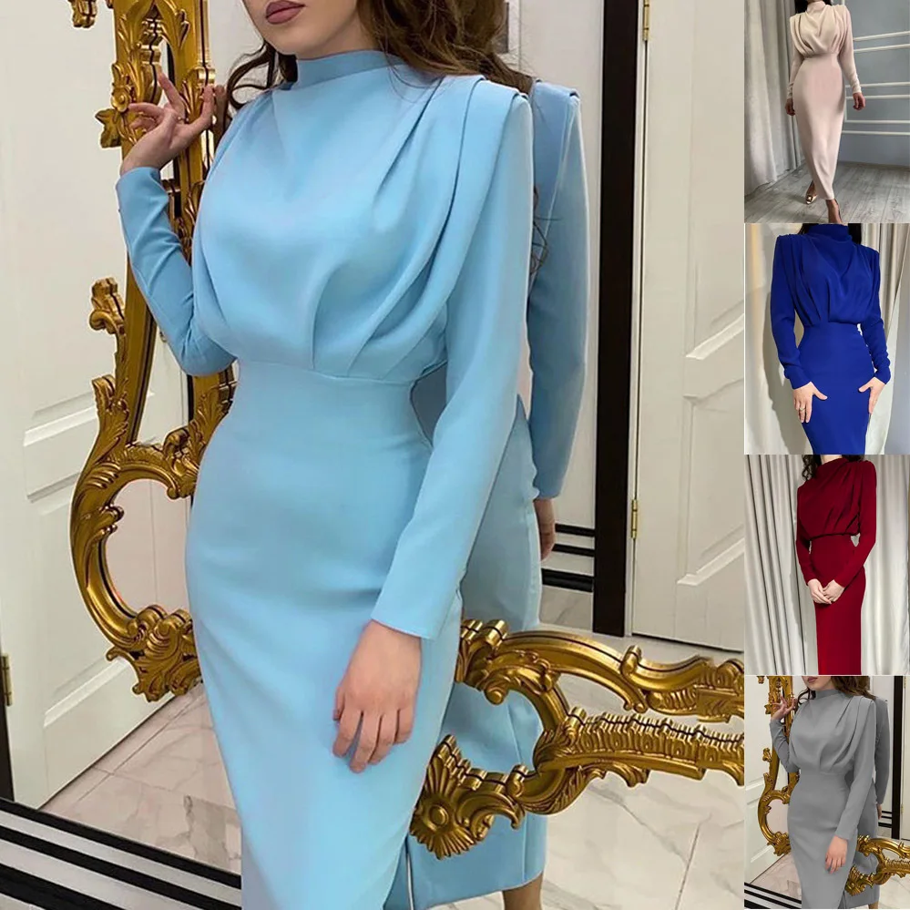 

2023 Autumn New Fashion Temperament Waist Collection Foreign Style Solid Color Long-sleeved Women's Dress Wholesale Long Dress
