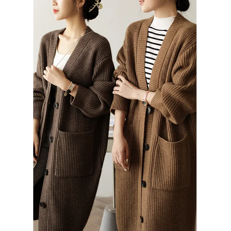 

Женский длинный кашемировый кардиган выше колена с карманами иностранного Air на осень и зиму, Корейская версия свитера, пальто, свободное шерстяное пальто