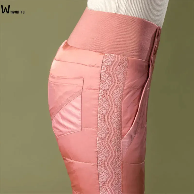 

Новинка 2022, облегающие зимние брюки в стиле пэчворк с кружевом, эластичные теплые хлопковые брюки с высокой талией, модные женские штаны с р...