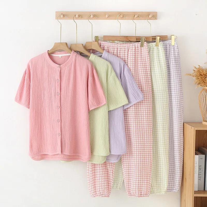 

Пижамный комплект женский тонкий, рубашка с коротким рукавом и длинные брюки в клетку, Свободная Домашняя одежда, весна-лето-осень