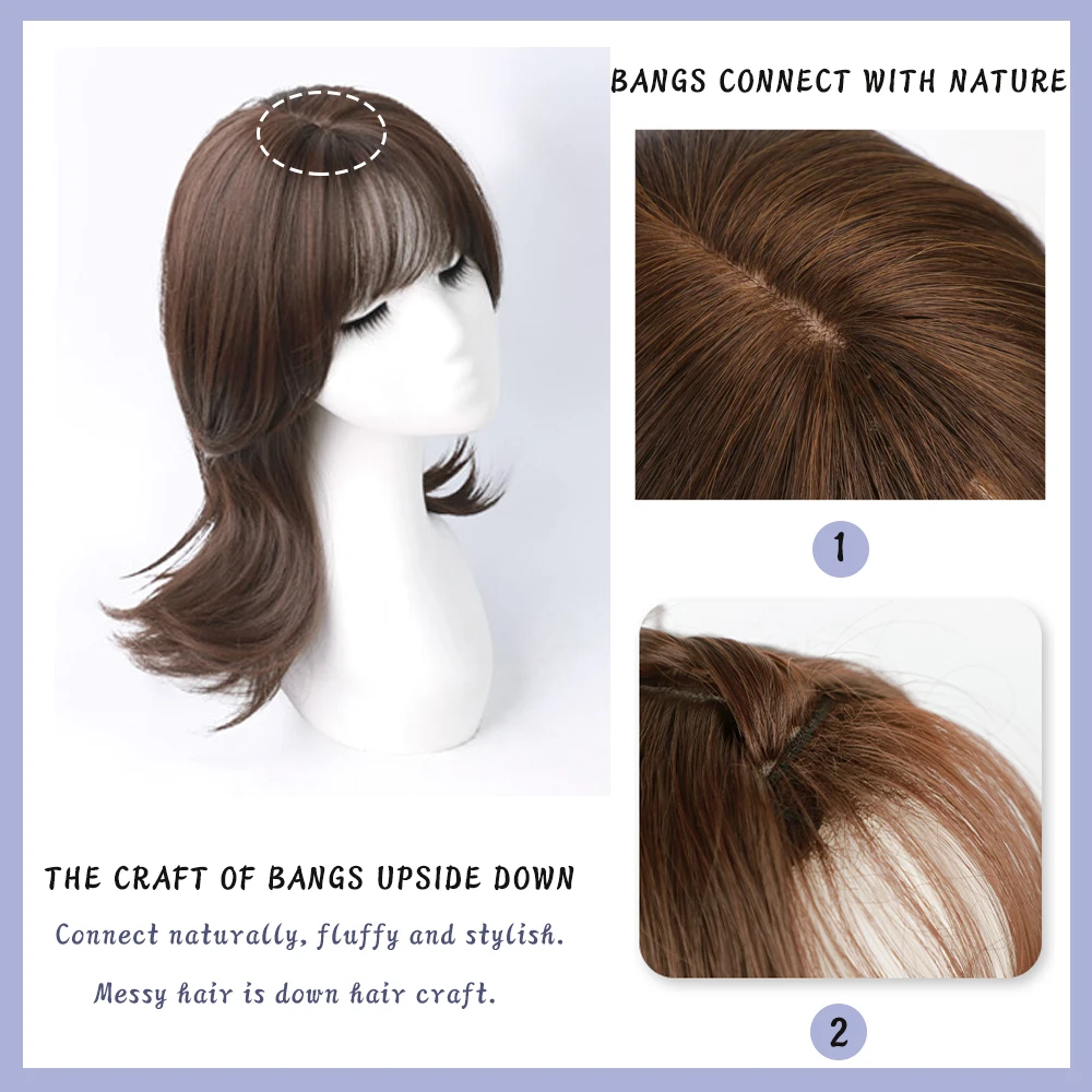 LANLAN Synthetic Mocha Brown Medium Length Clavicle Hair Layered Straight Wig With Bangs For Women Daily Wear Wig