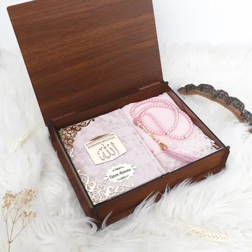 Mother's Day Special In Wooden Box Kadife Quran I Holy + Shawl + Pearl Rosary Set