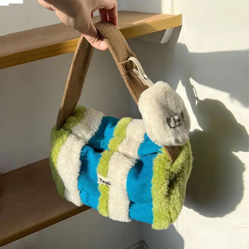 

Women Bag Autumn Winter Korean Sweet Bucket Cotton Nylon Striped Casual Zipper Soft Shoulder Bag Handbag Purse Simple Bag