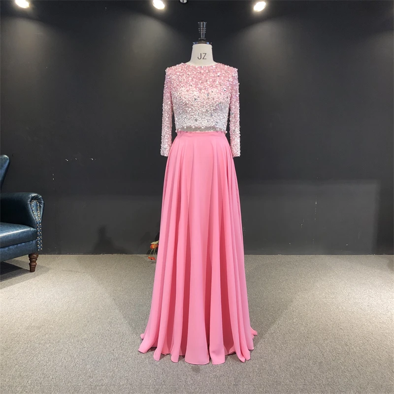 

100%Real Photos Pink Chiffon Pearl Crystal Beads Two-piece robe de soirée de mariage فساتين مناسبة رسمية Formal Evening dresses