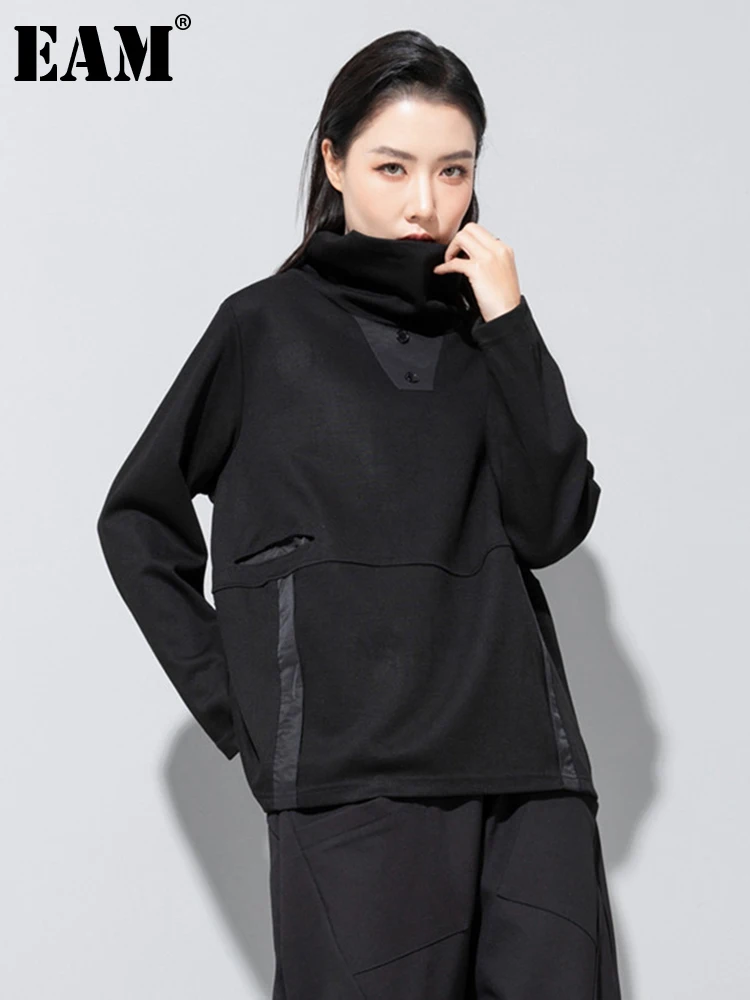 

[EAM] Свободная черная Повседневная Толстовка на пуговицах, новая водолазка с длинным рукавом, Женская мода большого размера, весна-осень 2022 ...