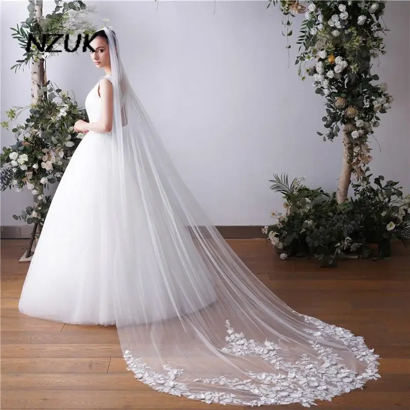 

NZUK Cathedral Wedding Veils Long Satin Flower Lace Edge Bridal Veil with Comb Wedding Accessories Veu de Noivral WED VEIL
