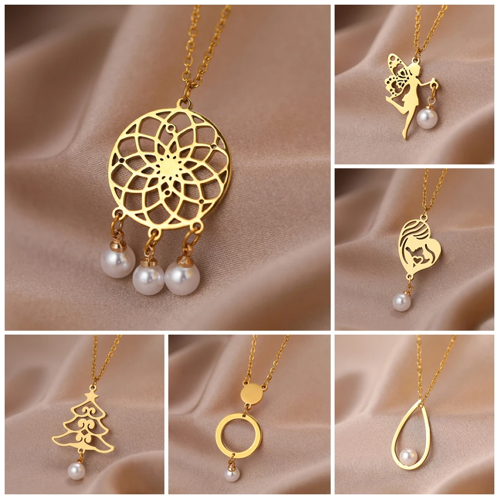 

Ожерелья из нержавеющей стали, Ловец снов, дерево, геометрические феи, подвески, цепочка, имитация жемчуга, ожерелье для женщин, ювелирные из...