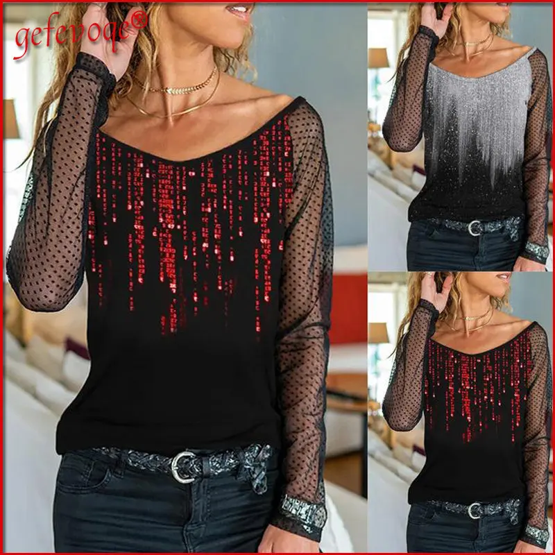 

Sequins Glitter Harajuku Vintage Graphic Print Top Women Casual Sexy Mesh Long Sleeve T-shirt Female Clothing5XL 2022 Spring New