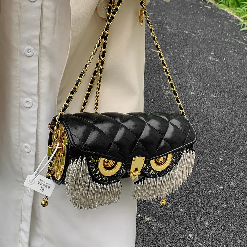 Tassel Women's Bag 2023 Trend Fashion Cute Owl Crossbody Bag Chain Leather Luxury Designer Handbag Animal Print Shoulder Bag