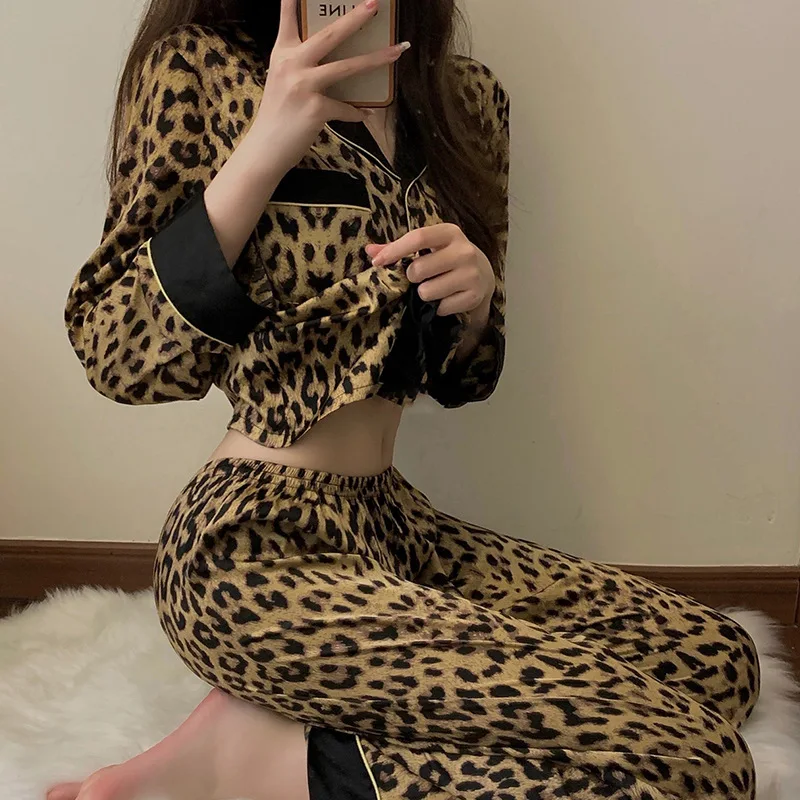 

Пижамный комплект женский с леопардовым принтом, одежда для сна в Корейском стиле, одежда для сна из 2 предметов с длинными рукавами и брюками, на лето-весну