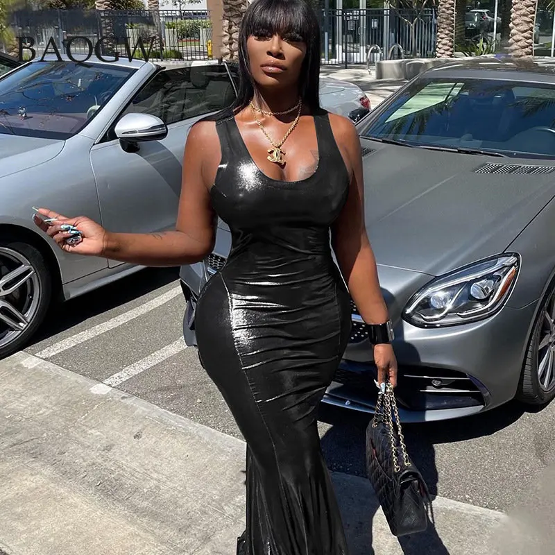 

Элегантное женское Клубное облегающее платье без рукавов, уличная одежда, Черное длинное платье из искусственной кожи, элегантная летняя праздничная одежда, осенняя одежда