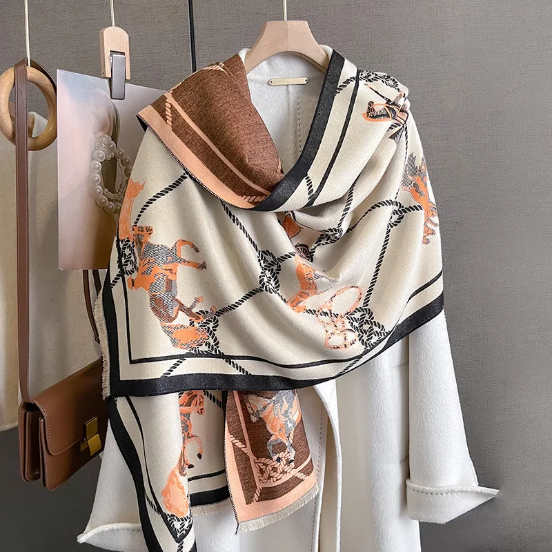 

Новинка 2023, плотный зимний кашемировый шарф, женские Роскошные шали с принтом лошадей, офисные шали, пледы, теплое одеяло из пашмины, пончо