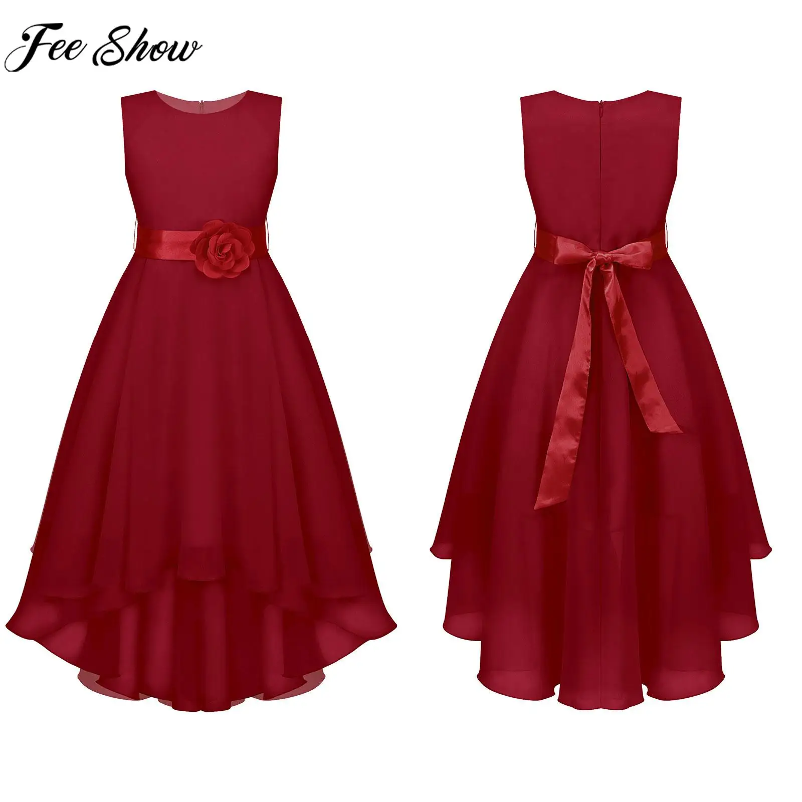 

6-16Y Girls Formal Princess Party Dress Sleeveless Elegant Hi-lo Hem Applique Evenning Gown Wedding Birthday Chirstmas Dresses