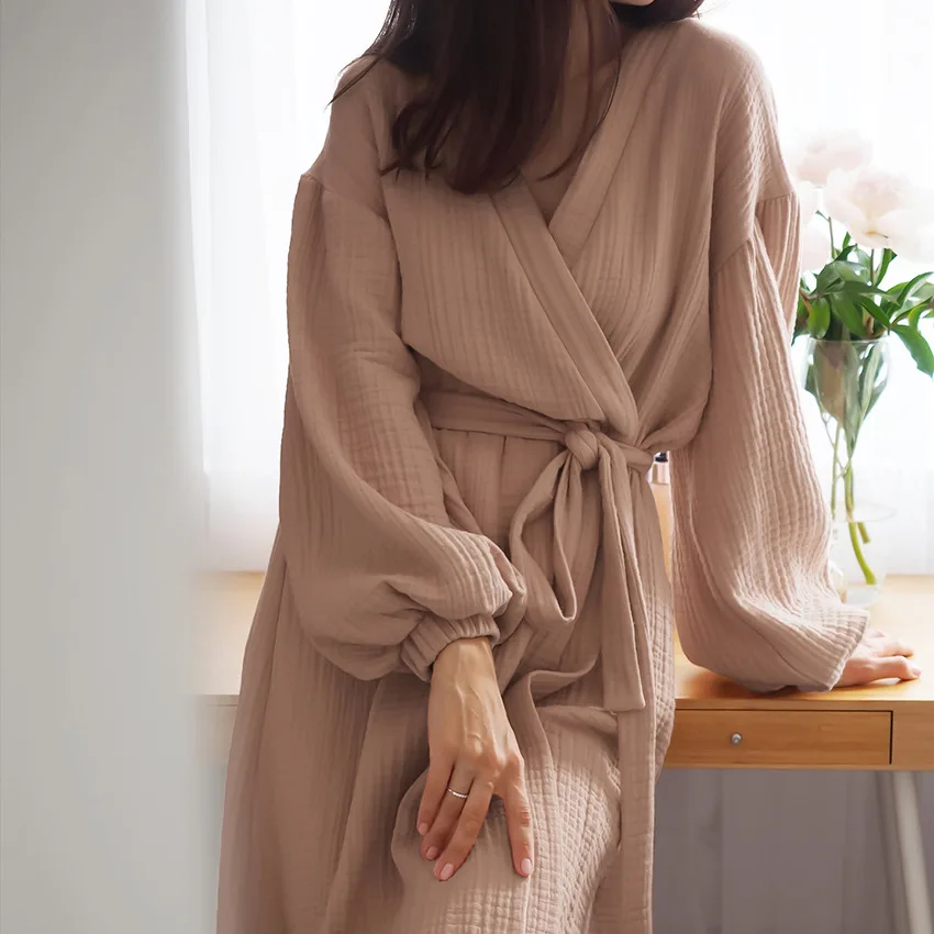 BKQU Solid Color Sleepwear Women's Pajams Puff Sleeves Bathrobe Female Nightwear Cotton Robes Home Wear Autumn Loungewear 2023