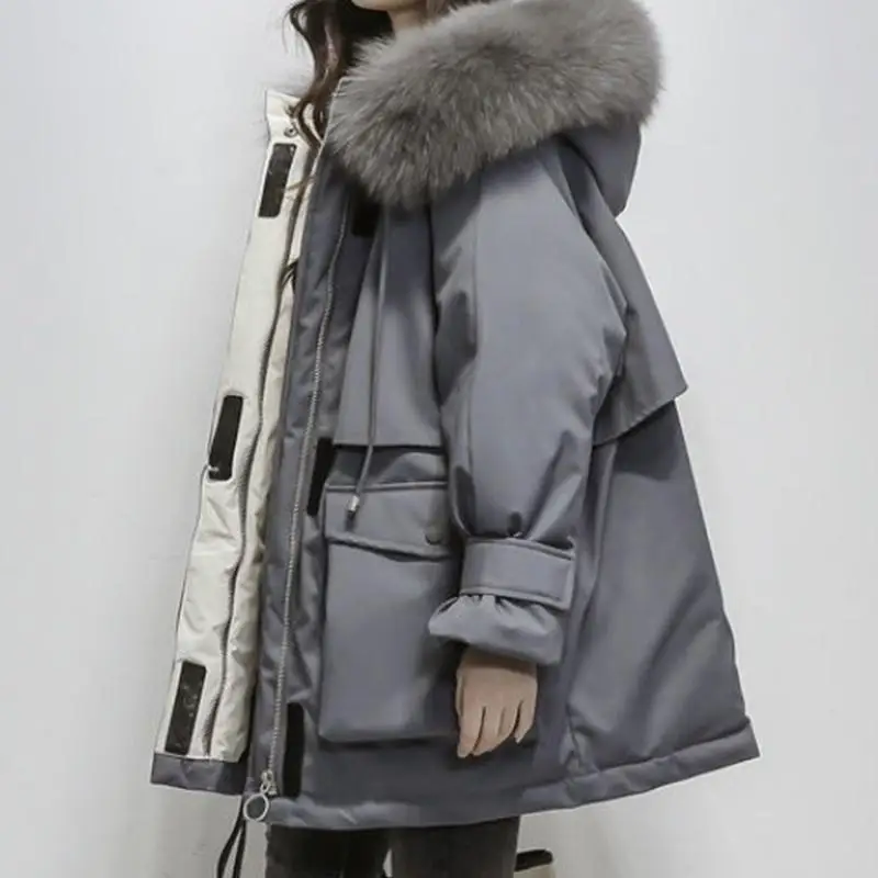 

Winter Women's Coat Casual Loose Thick Fur Collar Long Feather Cotton-padded Jacket