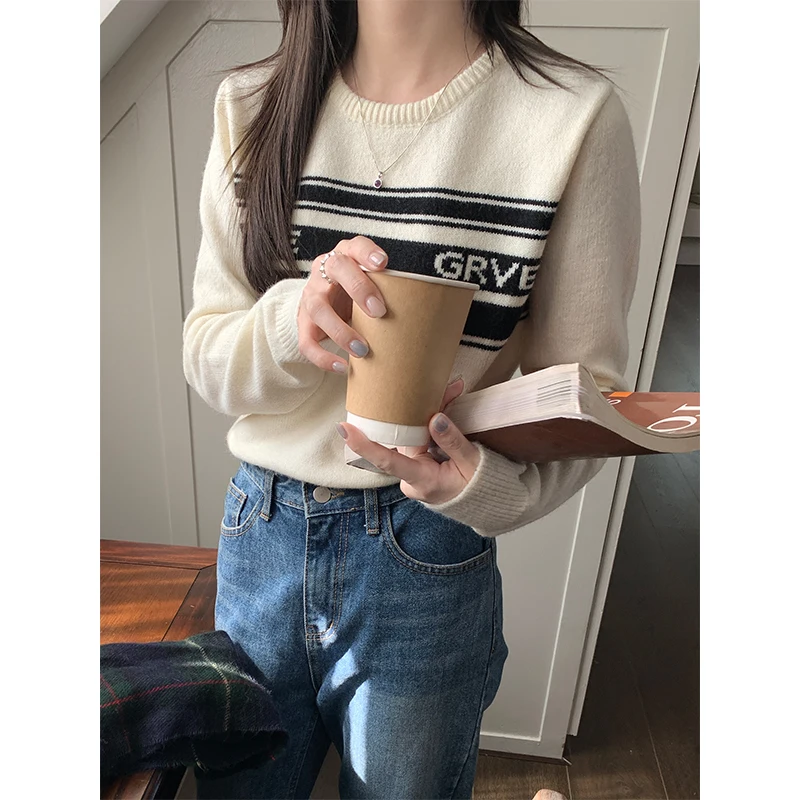 Корейская серия шикарный простой свитер с короткими рукавами и буквами женский