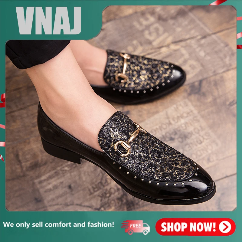 

VNAJ Dress Shoes Spring Autumn Slip on Patent Leather Male Loafers Pointed Toe Formal Shoe Large Size Flats Soft Luxury Shoe