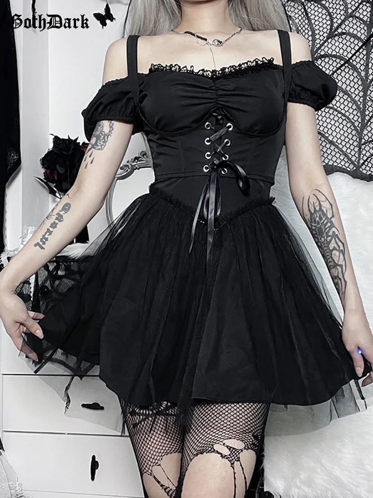 

Goth Dark Harajuku Lolita Mall Gothic A-line Mini Dresses Grunge Mesh Black Women Corset Dress Ruched Puff Sleeve Alt Partywear