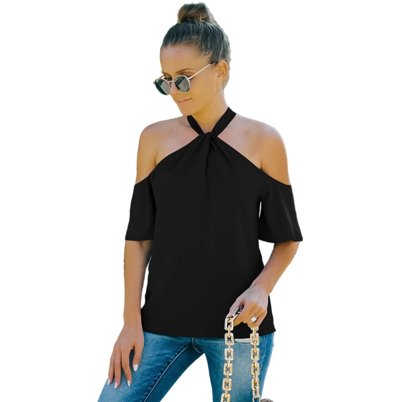 

Women Half Sleeve Sexy Cold Shoulder Shirt Twist Halter Neck Loose Flowy Blouse
