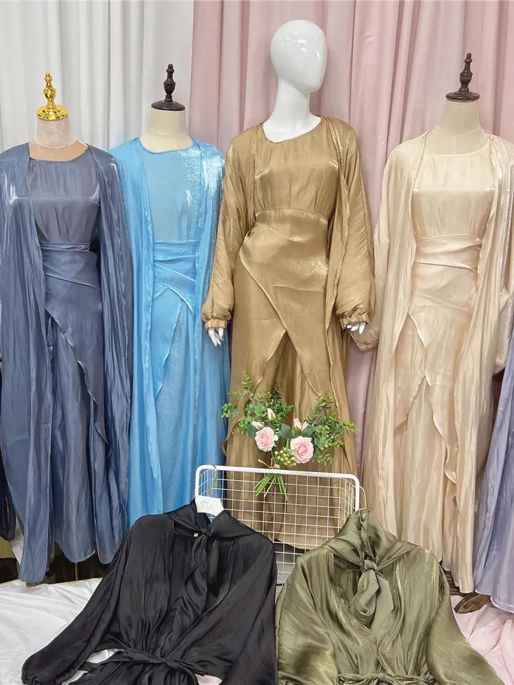 Ramadan Eid Mubarak Satin Abaya Dubai Arabic Turkey Islam Pakistan Muslim Set Dress For Women Robe Ensemble Femme Musulmane