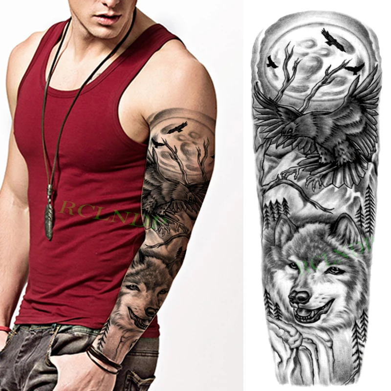 

Водостойкая временная татуировка-наклейка с орлом, птицей, волком, лесом, на всю руку, большого размера, поддельная татуировка, флэш-тату, для мужчин и женщин
